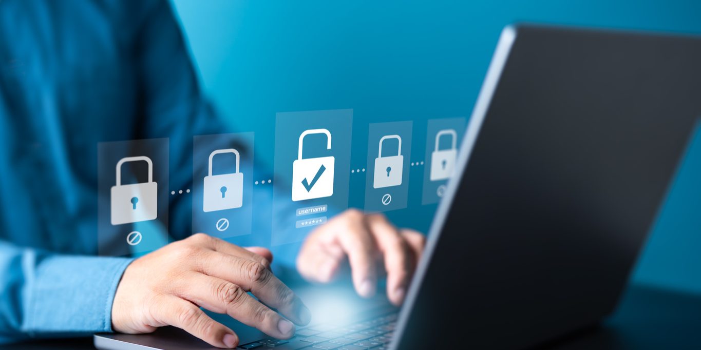 Cybersecurity awareness. People use laptop with padlock icons for secure internet network access, protect financial data transactions from cyber attack, user privacy information security encryption.